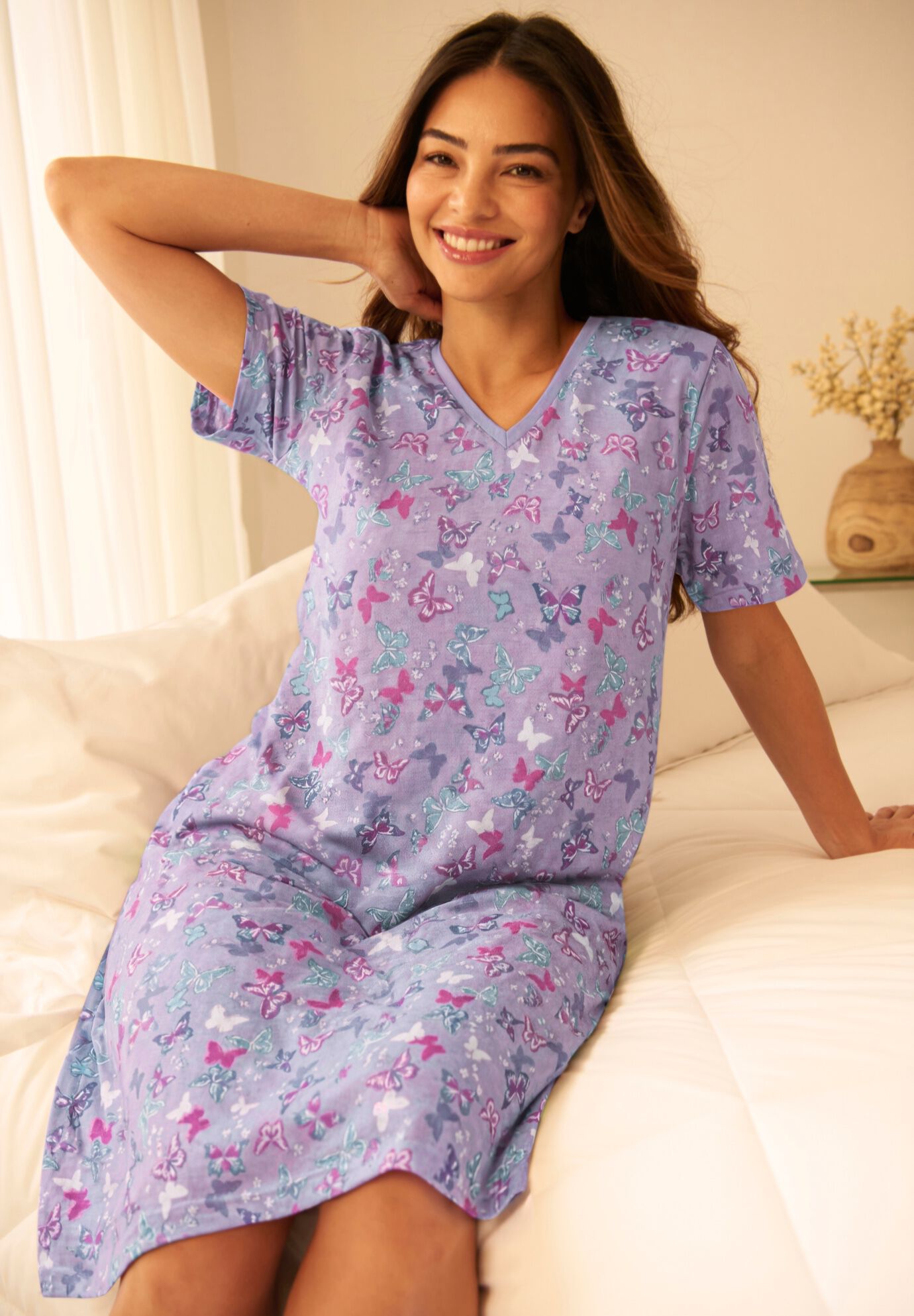 V-Neck Short Sleeve Knee-Length Cotton Sleepshirt, , alternate image number 4