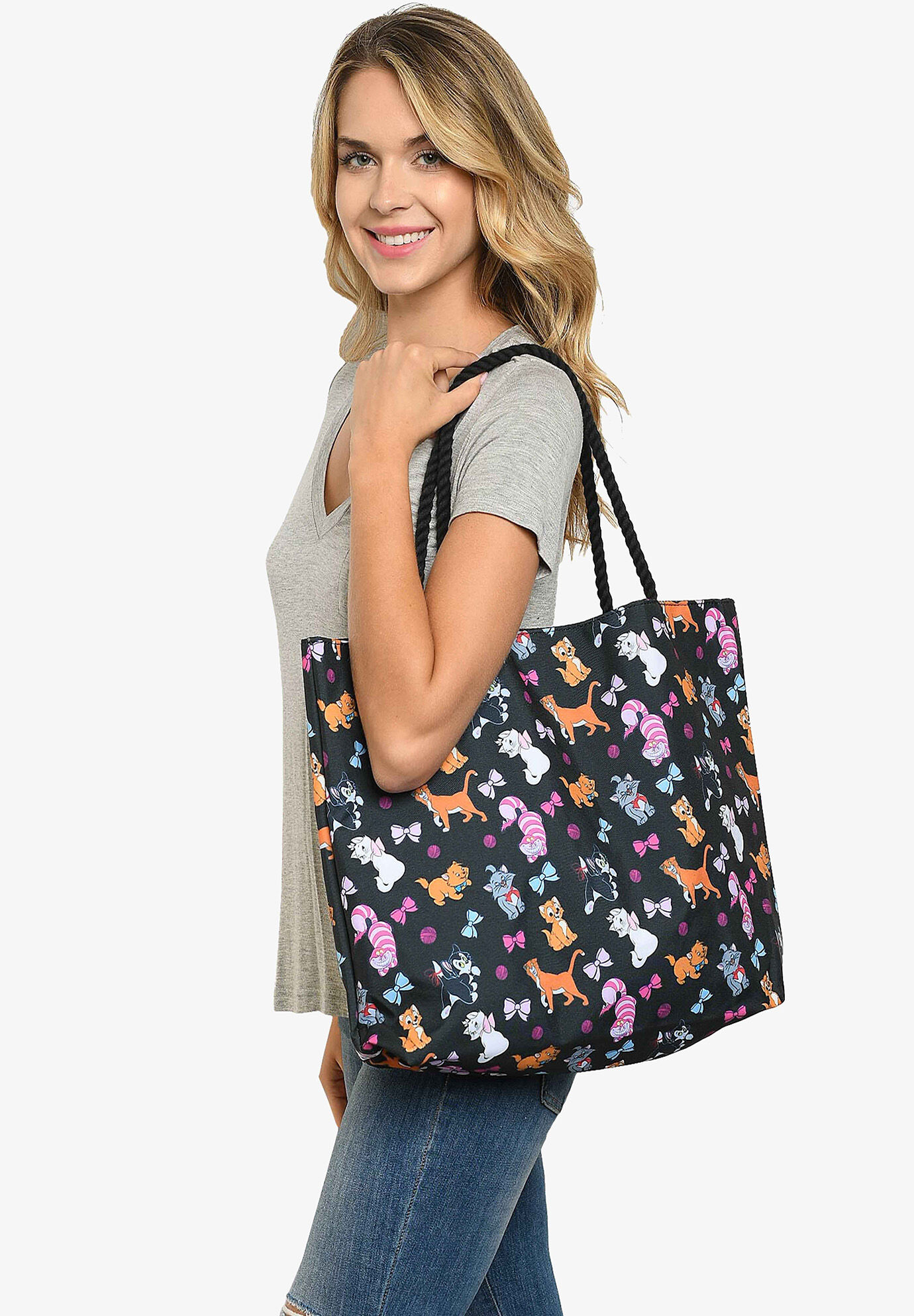 Plus Size Women's Disney Cats Tote Bag Travel Beach Carry-on Cheshire Aristocat Figaro Print by Disney in Black