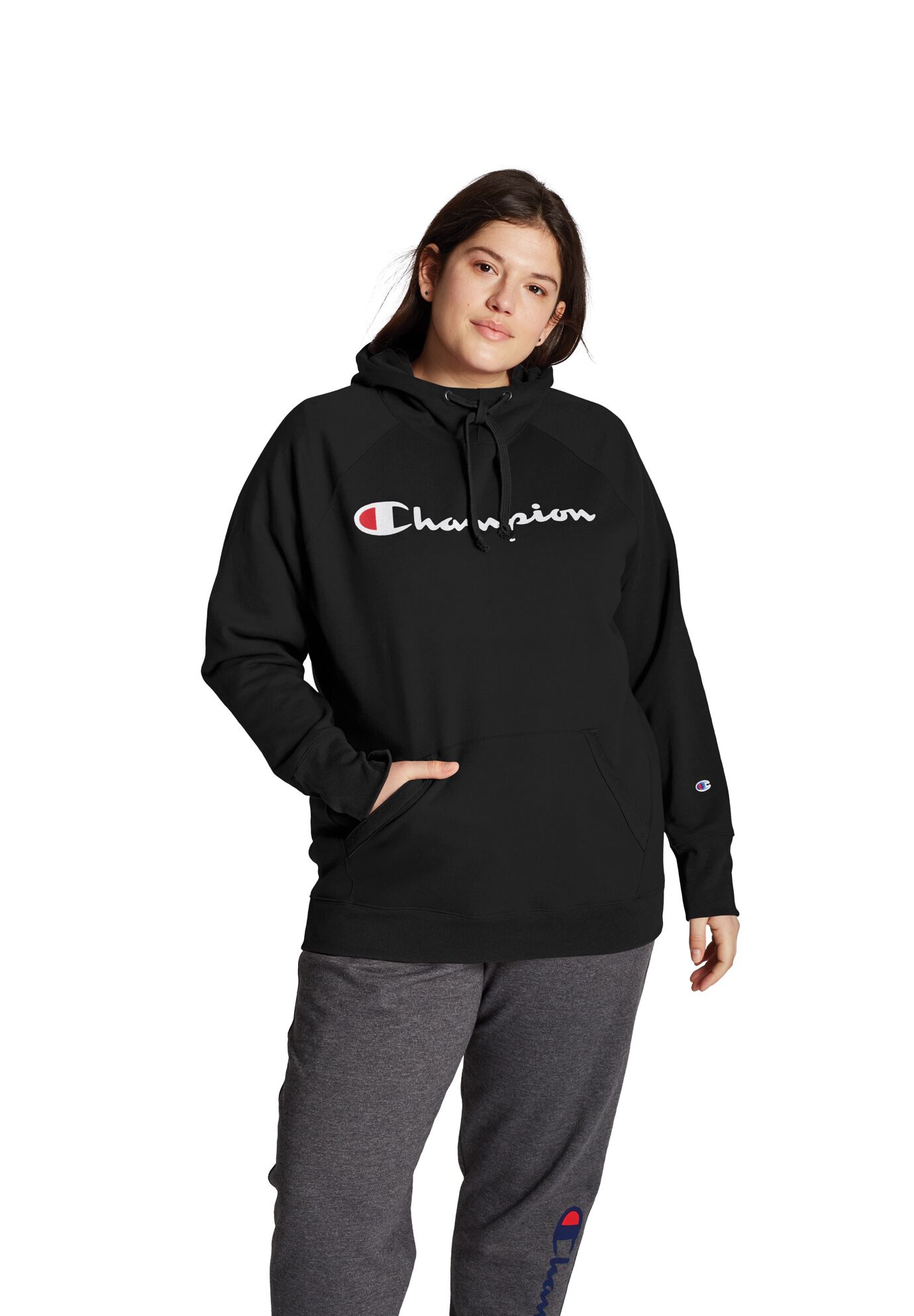 Plus Size Women's Champion Women's Plus Powerblend® Fleece Hoodie, Script Logo by Champion in Black (Size 2X)