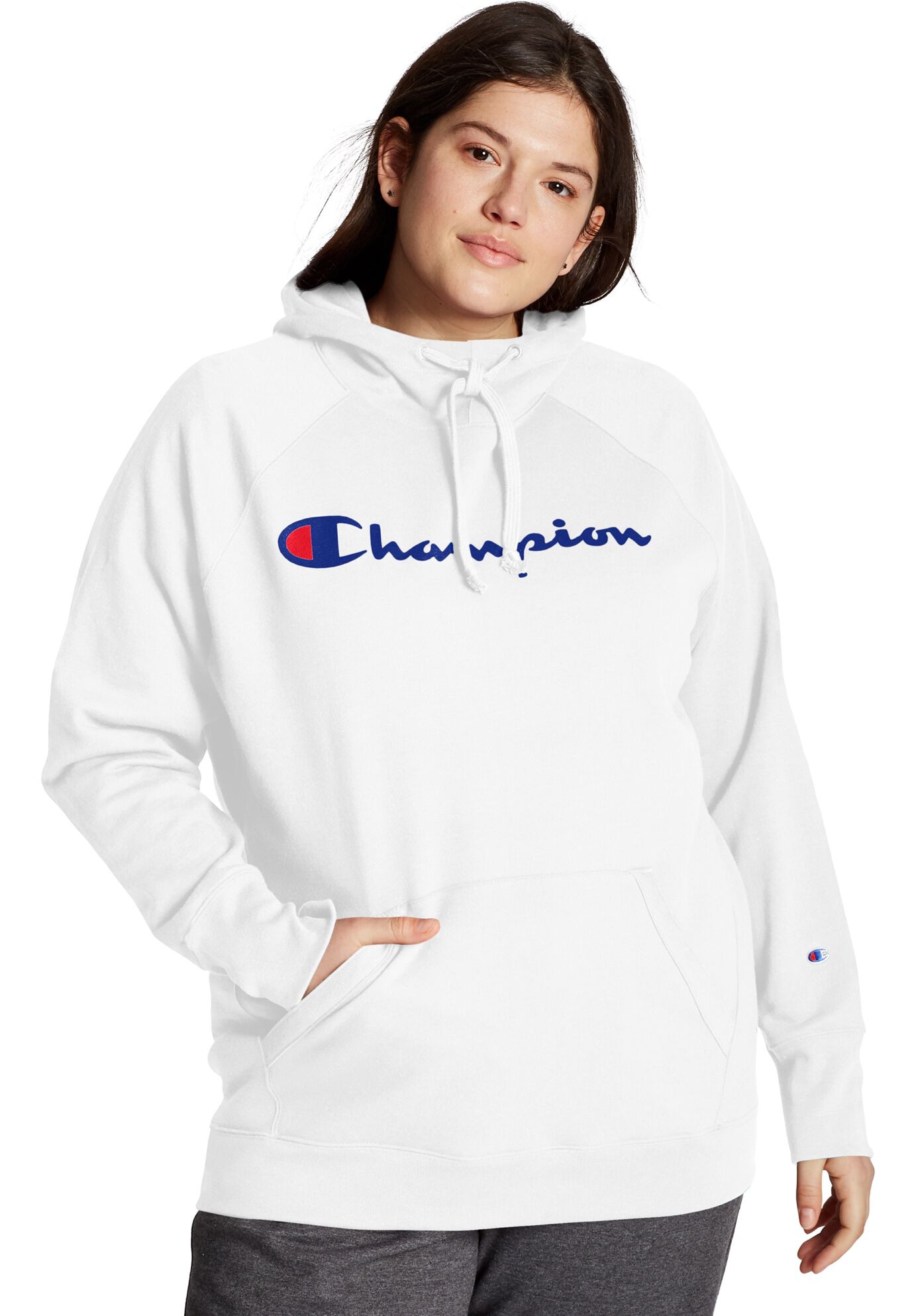 Plus Size Women's Champion Women's Plus Powerblend® Fleece Hoodie, Script Logo by Champion in White (Size 3X)