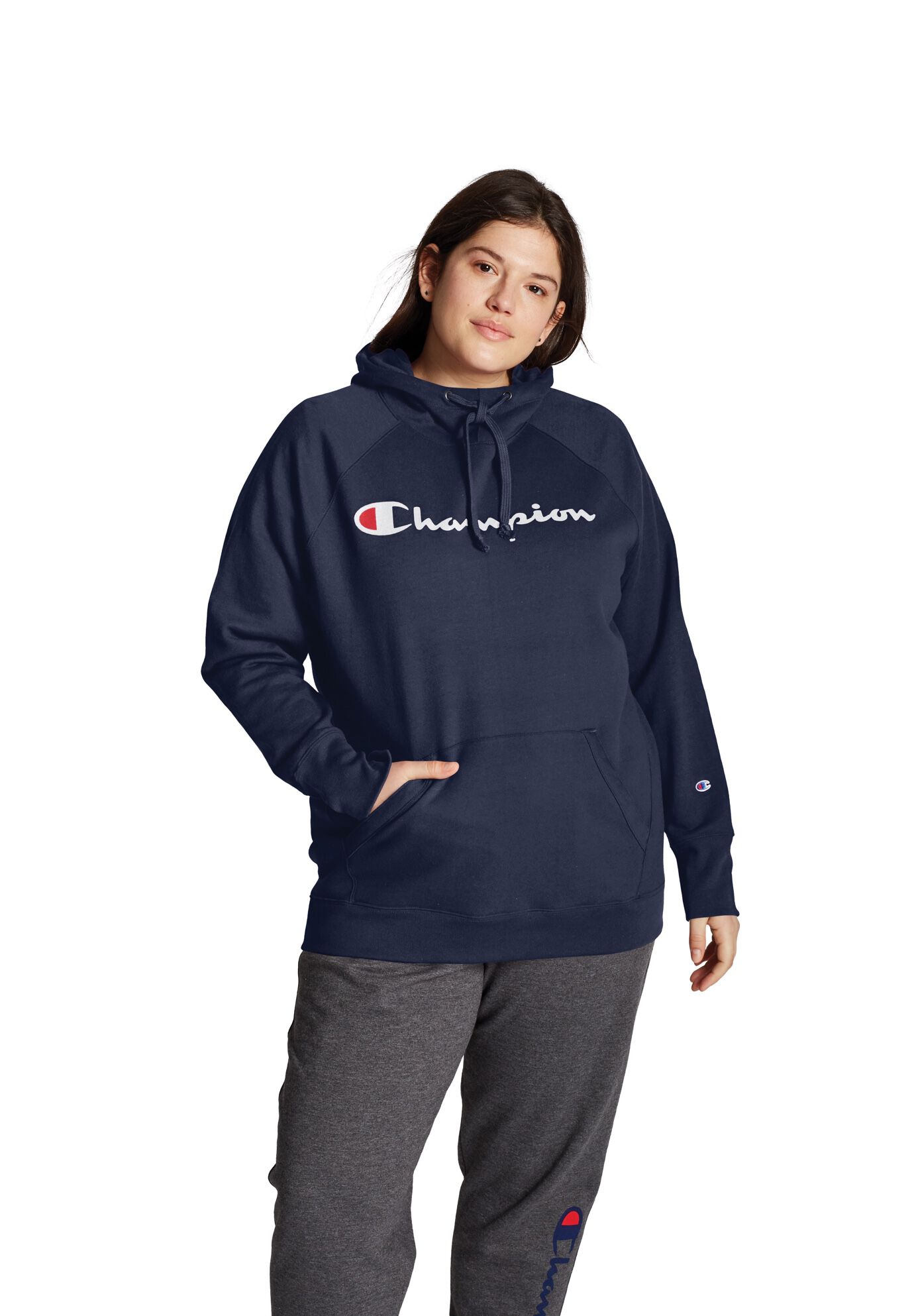 Plus Size Women's Champion Women's Plus Powerblend® Fleece Hoodie, Script Logo by Champion in Athletic Navy (Size 4X)