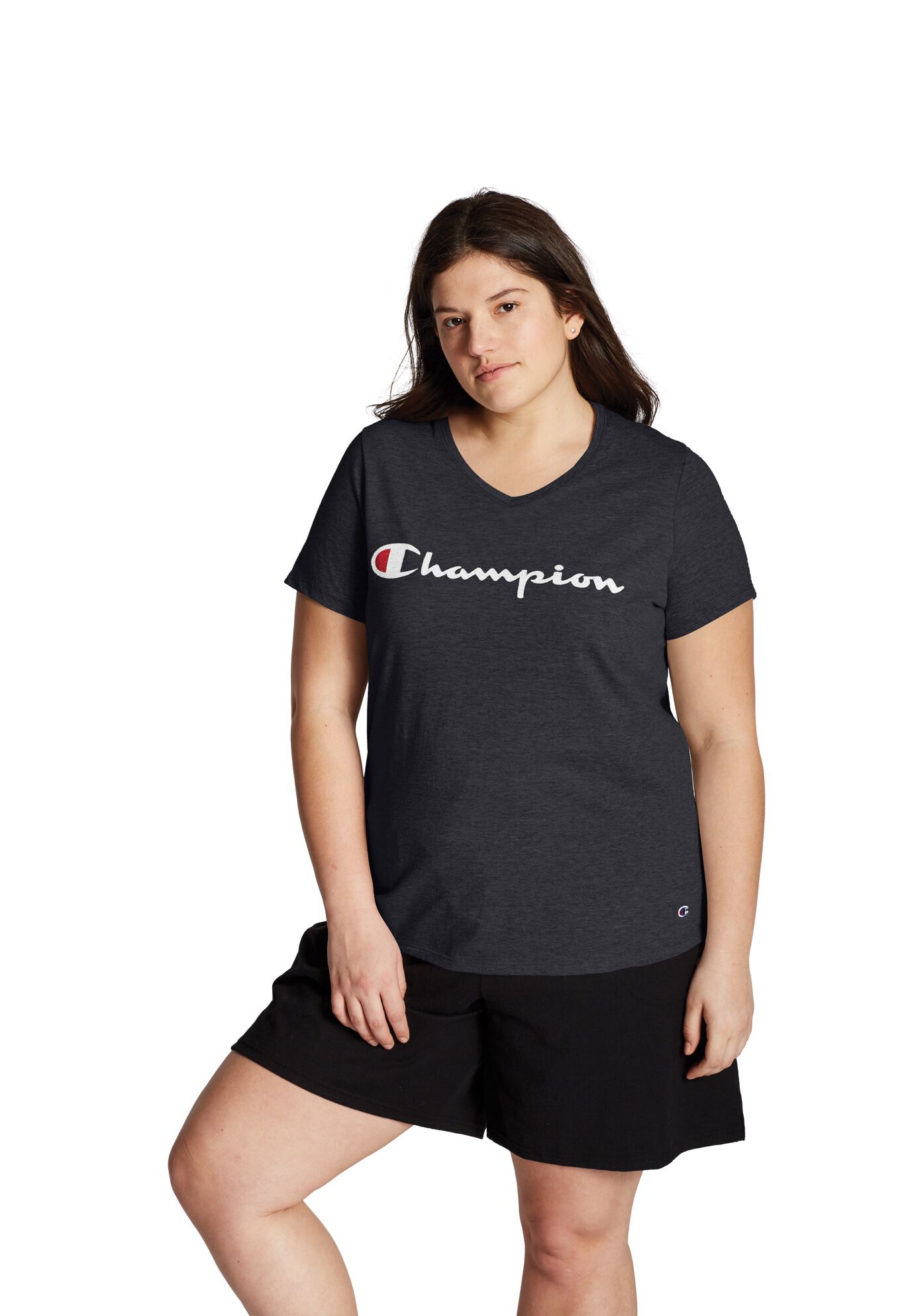 Plus Size Women's Jersey V-Neck Tee Graphic-Classic Script by Champion in Black (Size 4X)