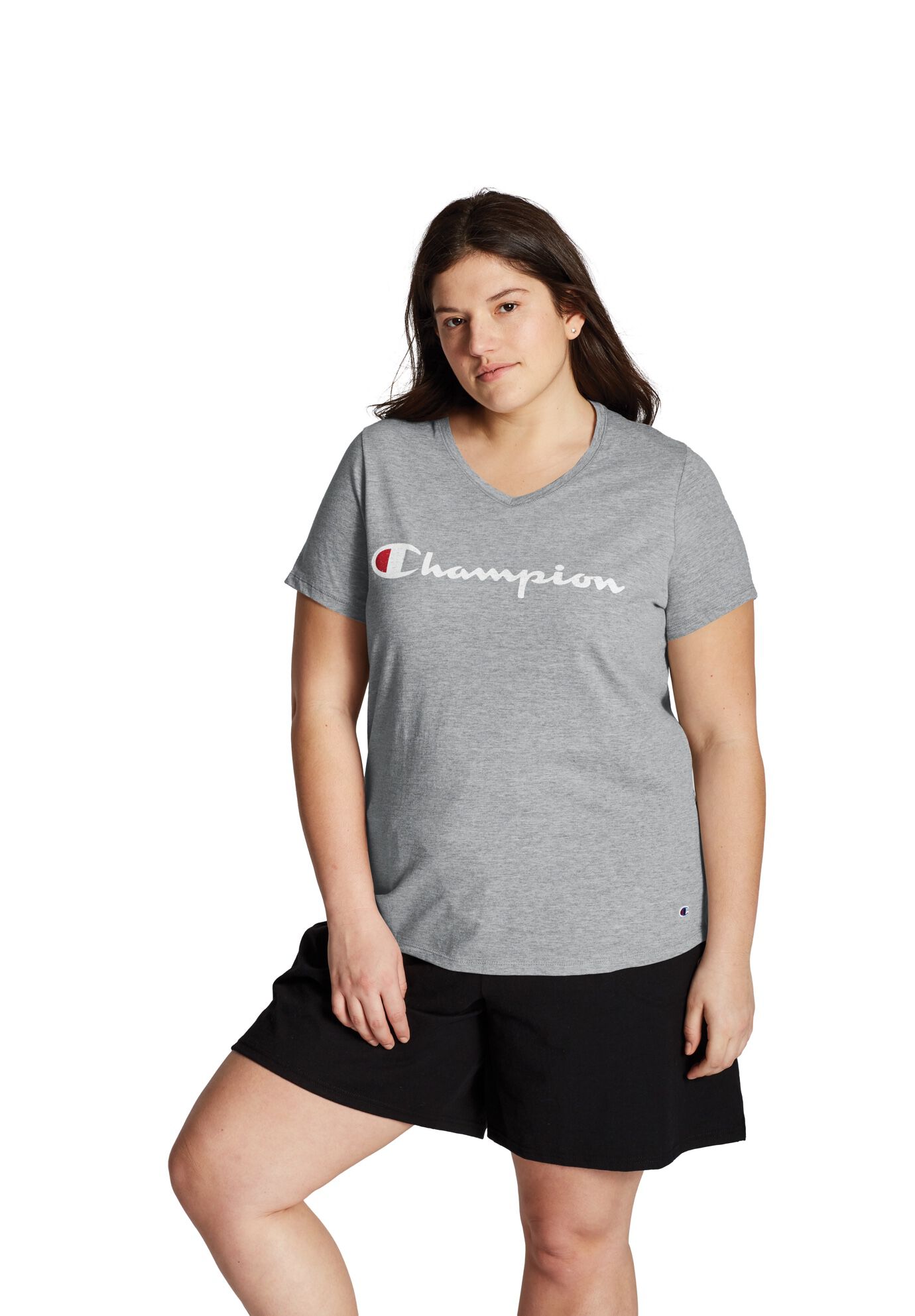 Plus Size Women's Jersey V-Neck Tee Graphic-Classic Script by Champion in Oxford Gray (Size 1X)