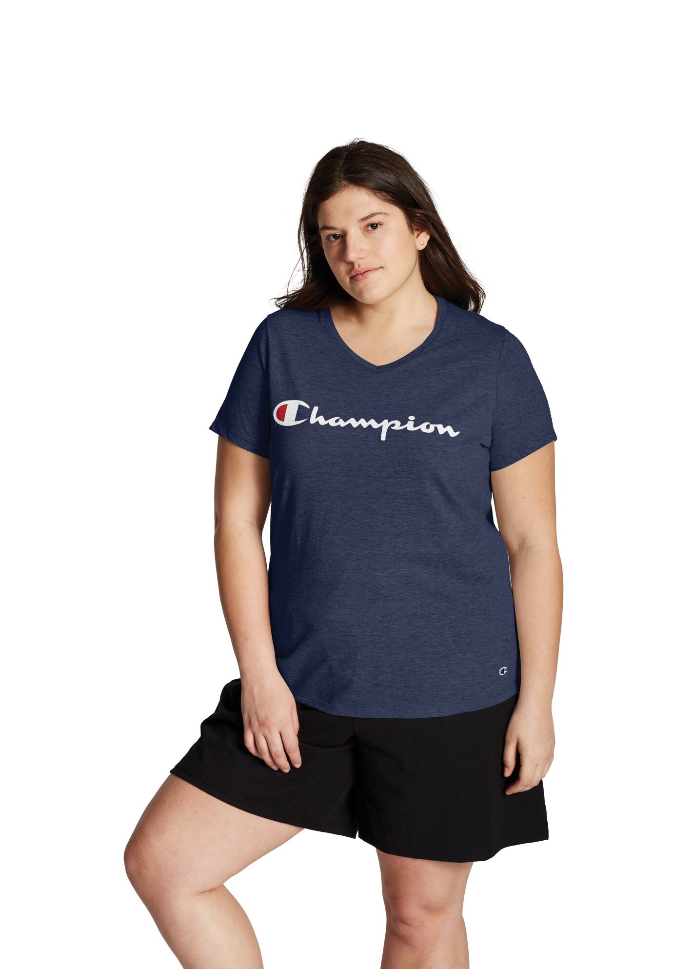 Plus Size Women's Jersey V-Neck Tee Graphic-Classic Script by Champion in Imperial Indigo Heather (Size 1X)