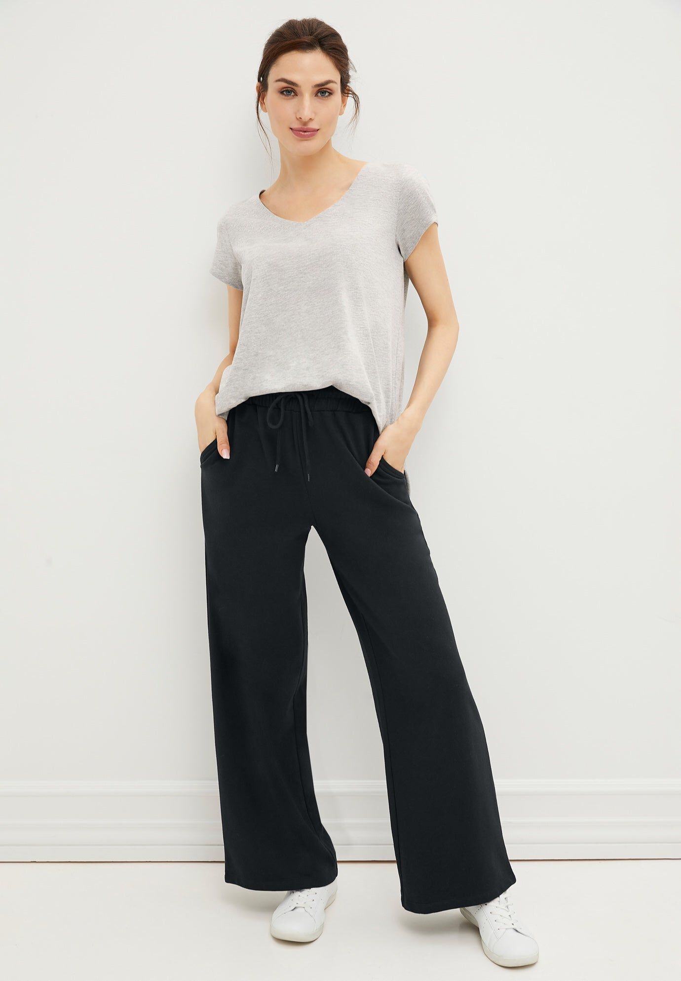 Ellos Studio French Terry Wide Leg Drawstring Elastic Waistband Sweatpants