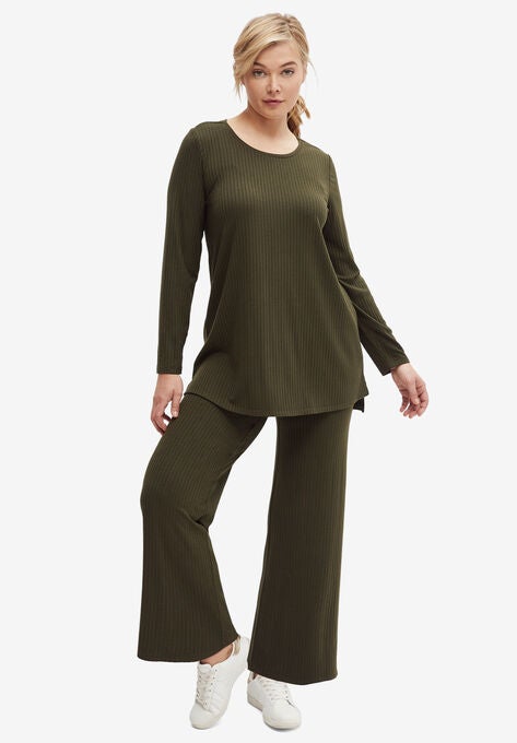 Ribbed Wide Leg Knit Pants, DEEP OLIVE, hi-res image number null