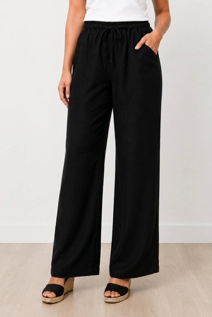 Linen-Blend Elastic Waist Drawstring Relaxed Pant