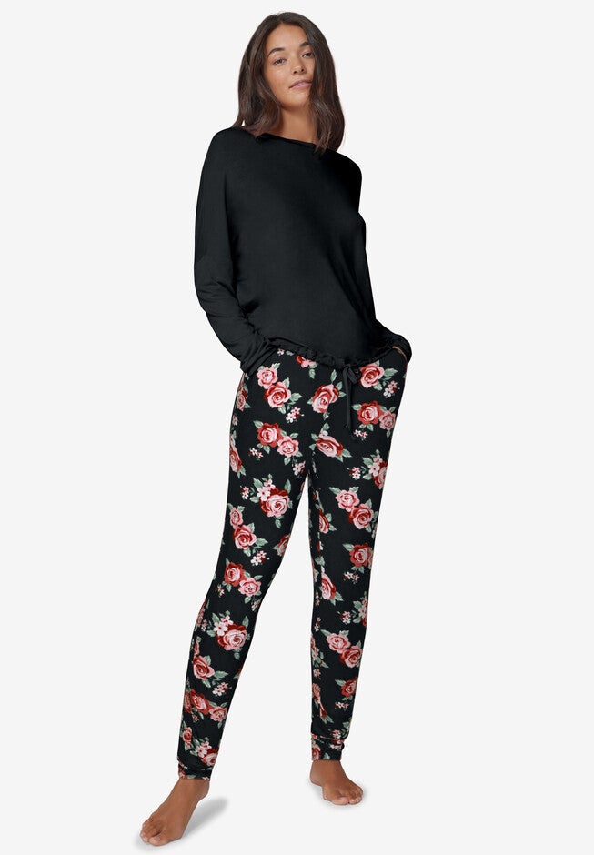 2-Piece Knit Jogger Sleep Set, BLACK FLORAL, hi-res image number 0