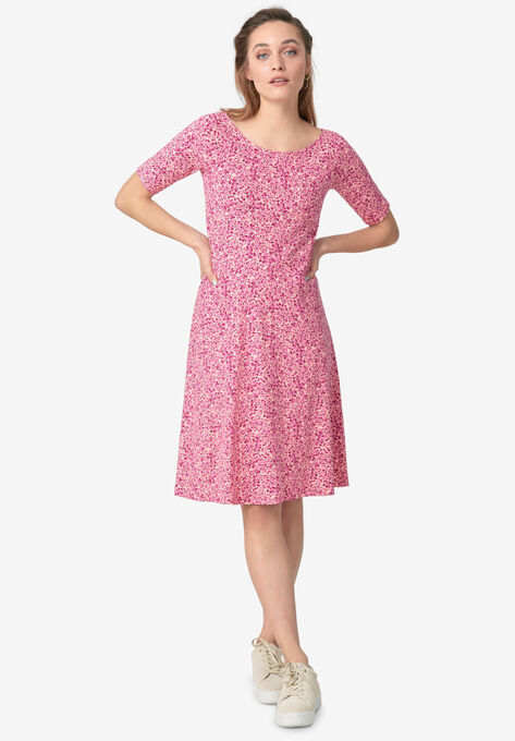 Short Sleeve Fit & Flare Dress, PINK DITSY FLORAL, hi-res image number null