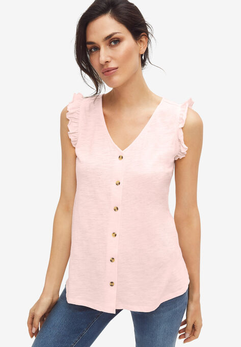 Button-Front Ruffle Sleeve Tank, SANDY PINK, hi-res image number null