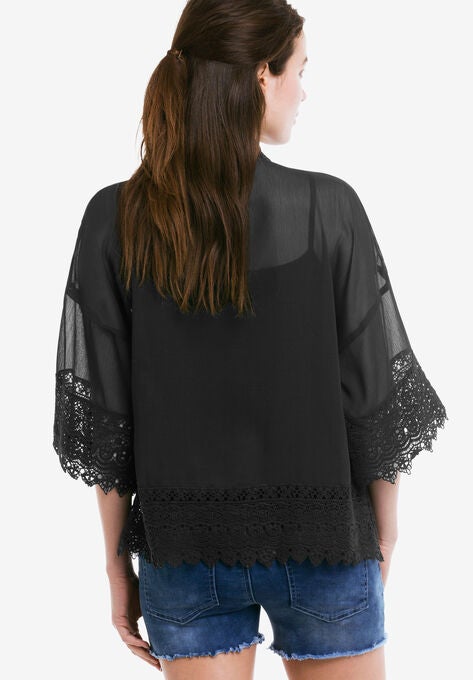 Sheer Lace Trim Kimono Cardigan, , alternate image number null