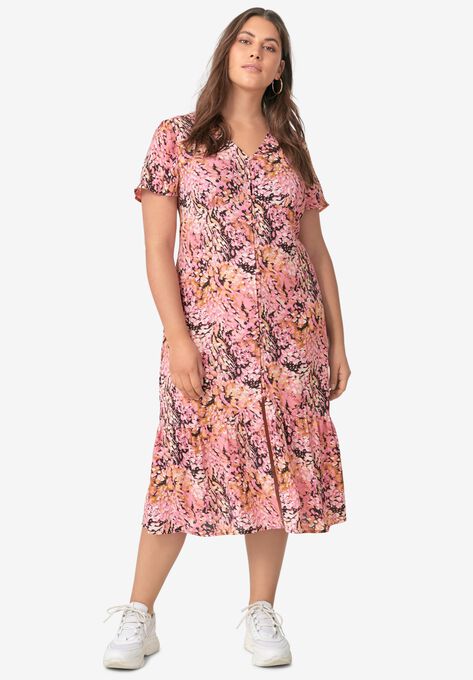 Button-Front Flounce Hem Dress, ROSE MULTI PRINT, hi-res image number null