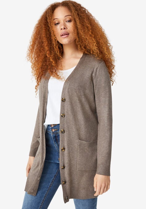 Long Boyfriend Cardigan With Tortoise Buttons, , alternate image number null