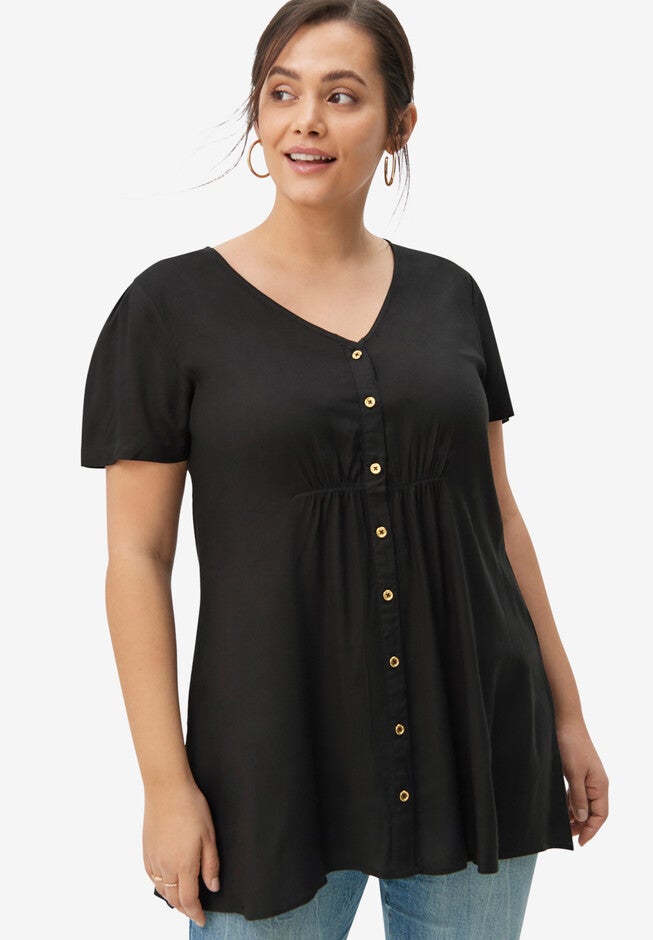 V-Neck Button-Front Tunic, BLACK, hi-res image number null