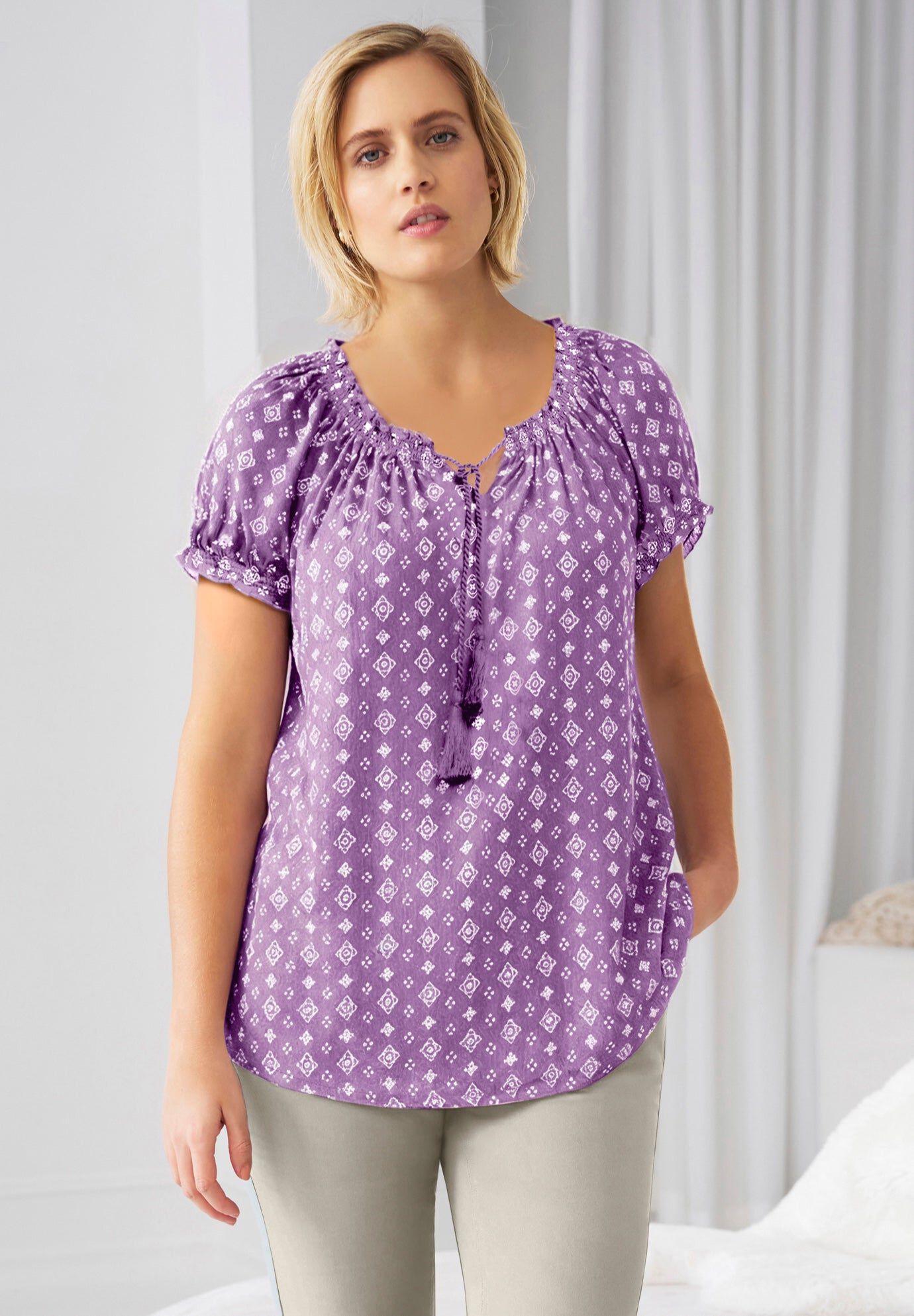 A-Line Scoop Neck Ruffle Trim 100% Cotton Cambric Peasant Blouse ...