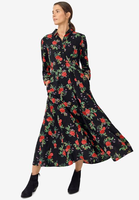 Button Front Maxi Shirtdress, BLACK RED FLORAL, hi-res image number null