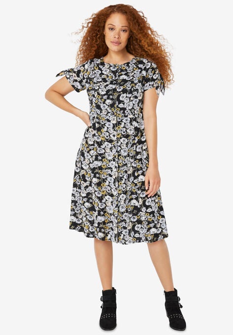 Tie-Sleeve Dress, BLACK BLUE FLORAL, hi-res image number null