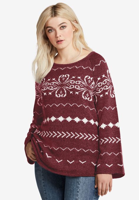 Patterned A-line Sweater, BURGUNDY, hi-res image number null
