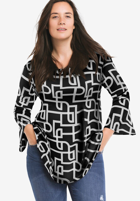 Bell Sleeve A-Line Knit Tunic, BLACK WHITE PRINT, hi-res image number null