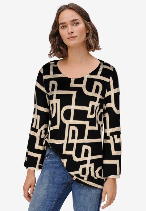 Bell Sleeve A-Line Knit Tunic, BLACK WHITE PRINT, hi-res image number null