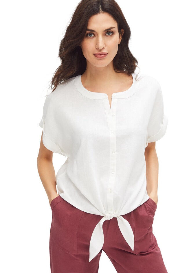 Linen-Blend Tie-Front Blouse, WHITE, hi-res image number null