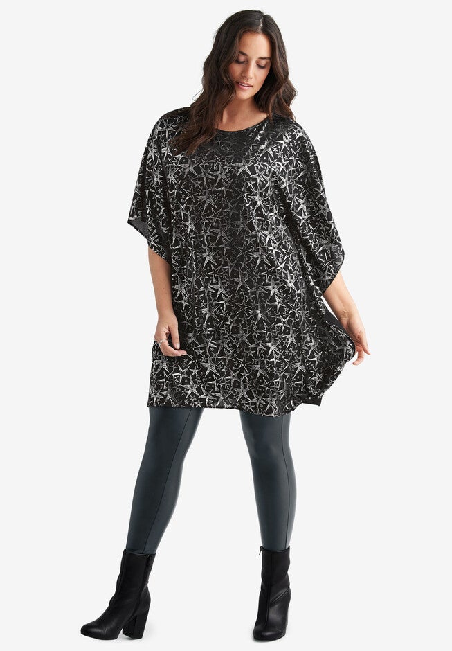 Star Print Poncho Tunic, BLACK SILVER PRINT, hi-res image number 0