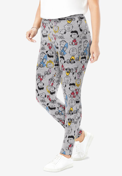 Peanuts Women's Heather Gray Leggings Charlie Brown Snoopy Woodstock Sketch All Over Print, HEATHER GREY ALLOVER PEANUTS, hi-res image number null