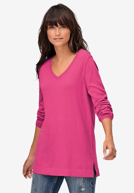 V-Neck Sweater Tunic, PEONY PETAL, hi-res image number null