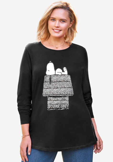 Peanuts Women's Long Sleeve Crew Tee Snoopy Leopard House, BLACK LEOPARD SNOOPY, hi-res image number null