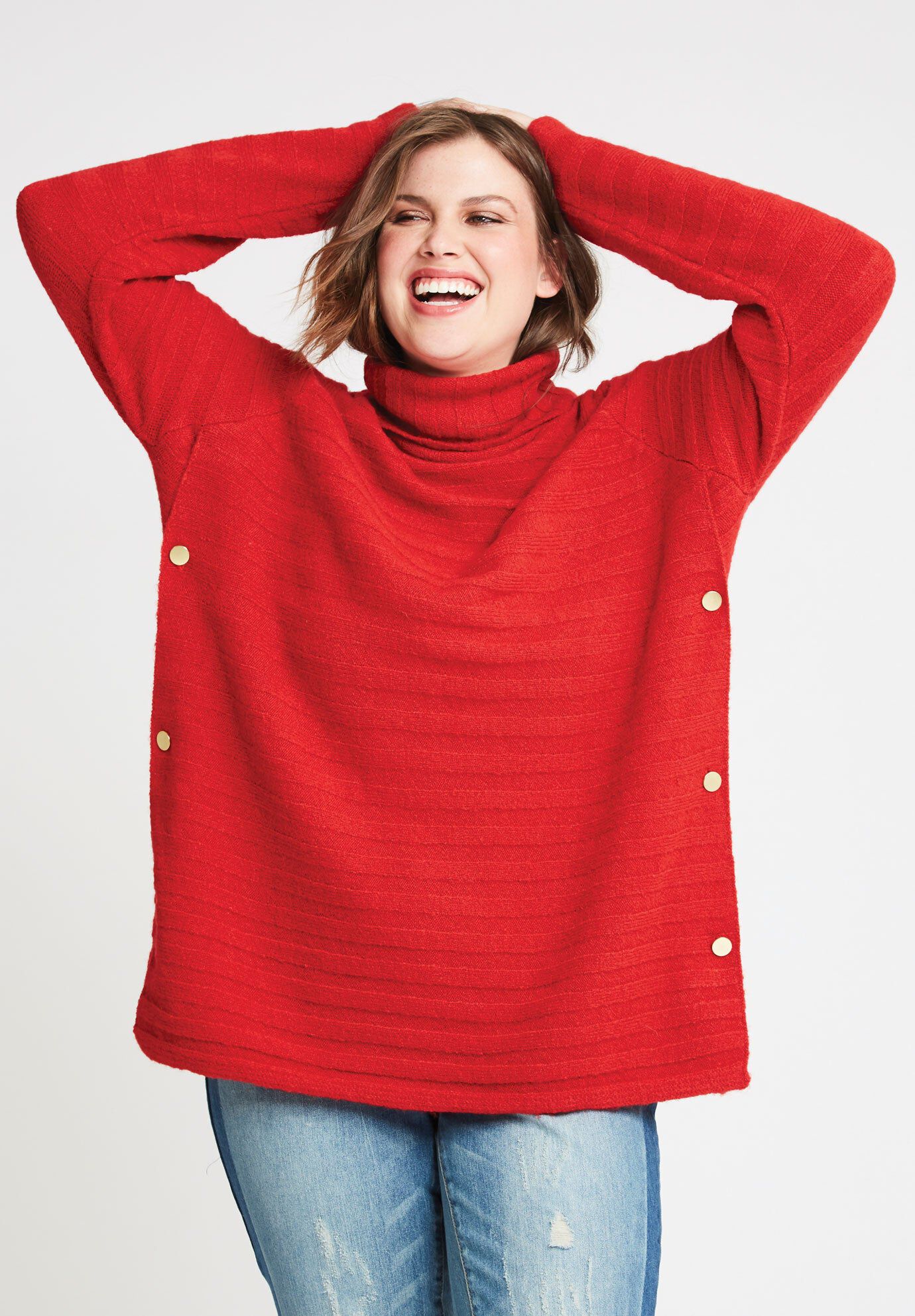 Side Button Turtleneck Sweater, POPPY RED, hi-res image number 0