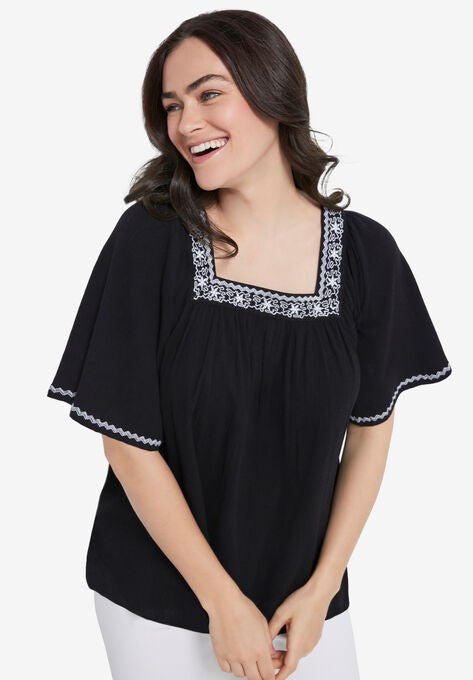 Embroidered Gauze Blouse, BLACK, hi-res image number null