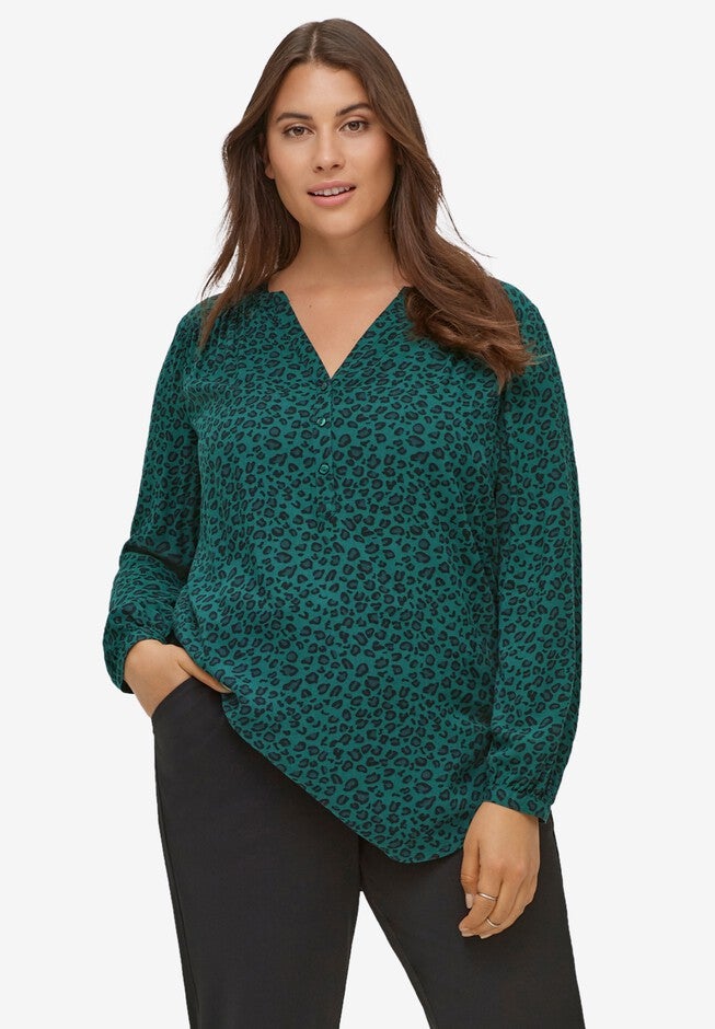 Notch Neck Henley Tunic, EVERGREEN ANIMAL PRINT, hi-res image number null
