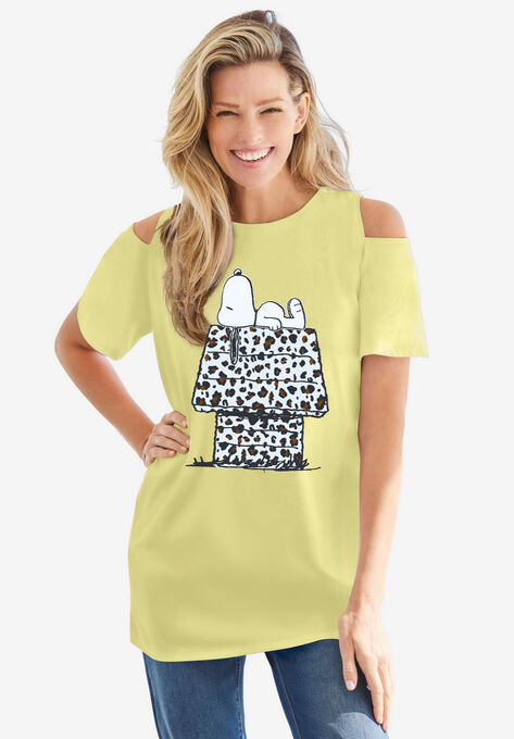 Short-Sleeve Snoopy Cold Shoulder Tee, YELLOW SNOOPY LEOPARD, hi-res image number null