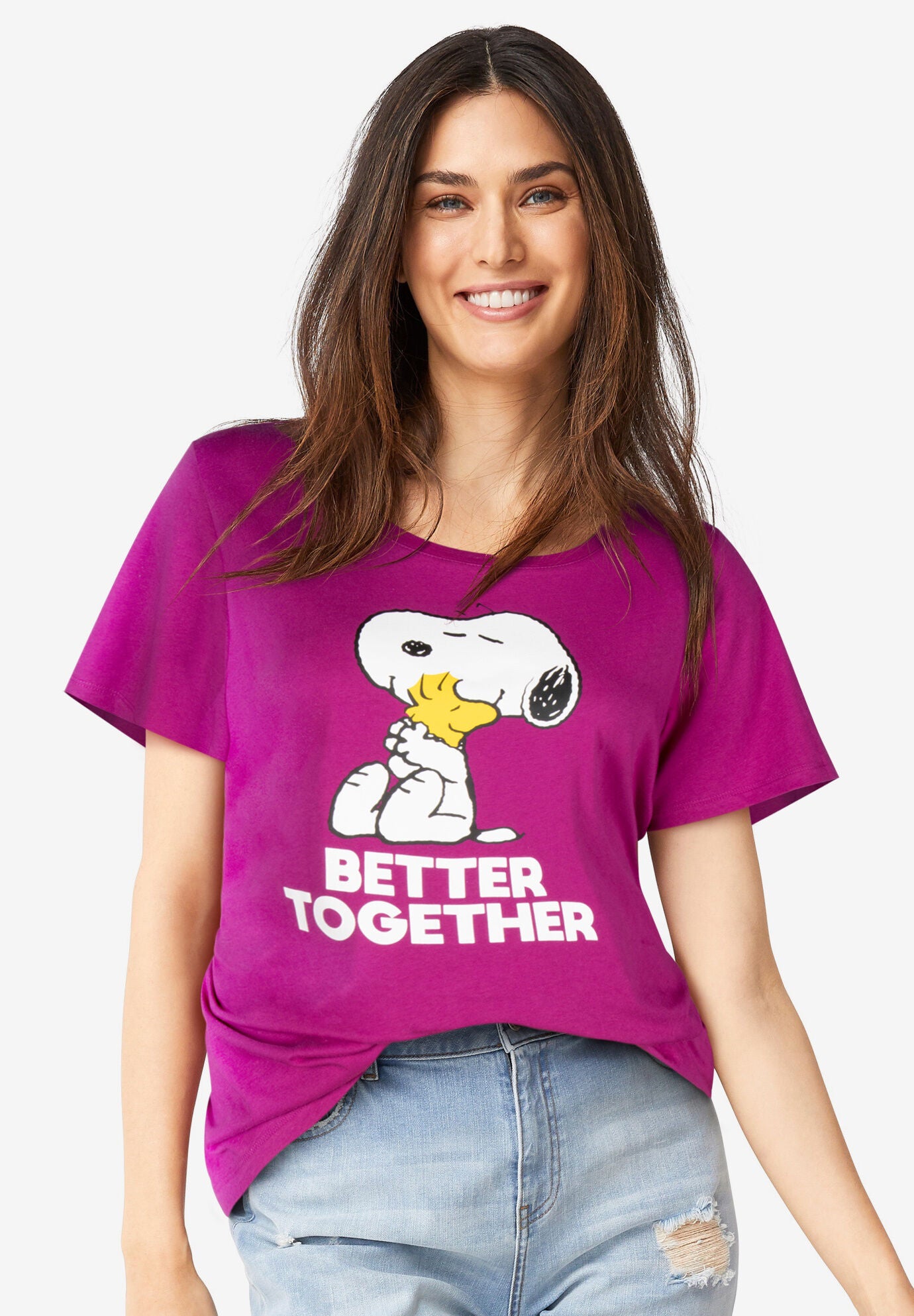 【日本限定モデル】  Peanuts Short-Sleeve Raspberry Snoopy Woodstock Crew Tee | Swimsuits For All トップス