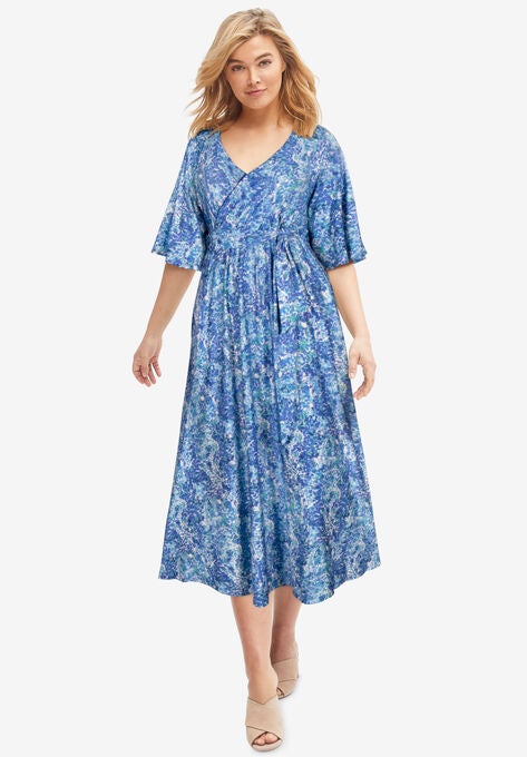 Knit Midi Dress With Surplice Neckline & Waist Tie, AQUA MULTI PRINT, hi-res image number null