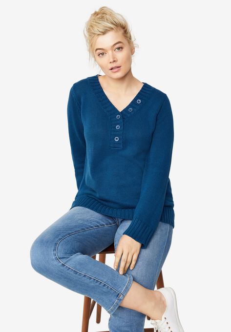 Button Y-neck Sweater, MARINE BLUE, hi-res image number null