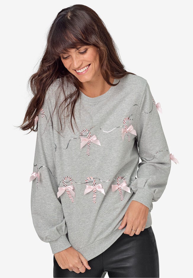 Candy Cane Sweatshirt, HEATHER GREY, hi-res image number 0