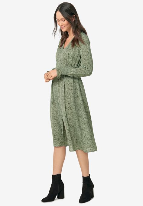 Side-Smock Dress, LIGHT OLIVE BLACK DOT, hi-res image number null