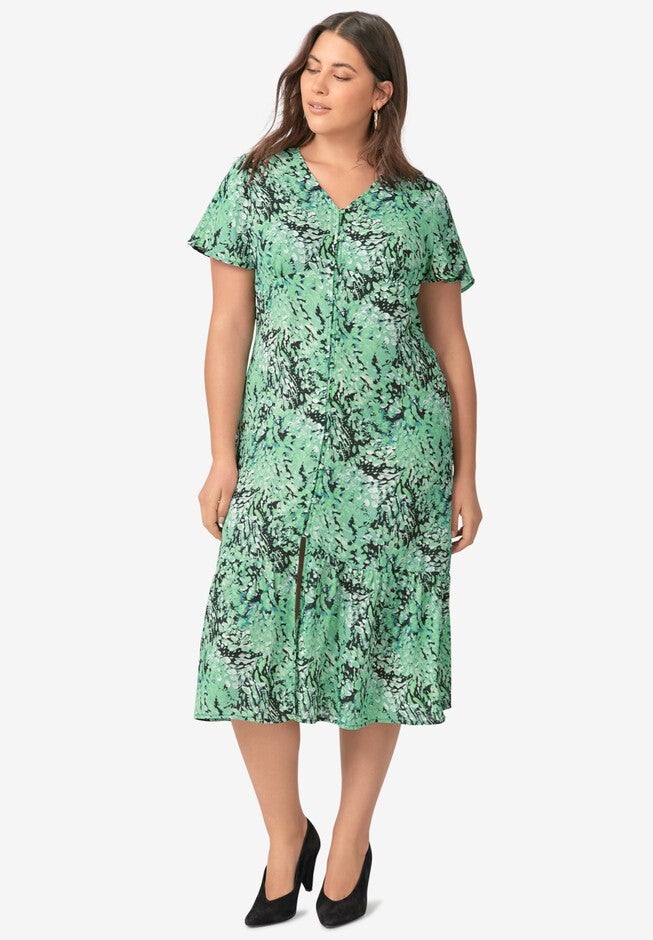 Button-Front Flounce Hem Dress, GREEN BLACK PRINT, hi-res image number 0