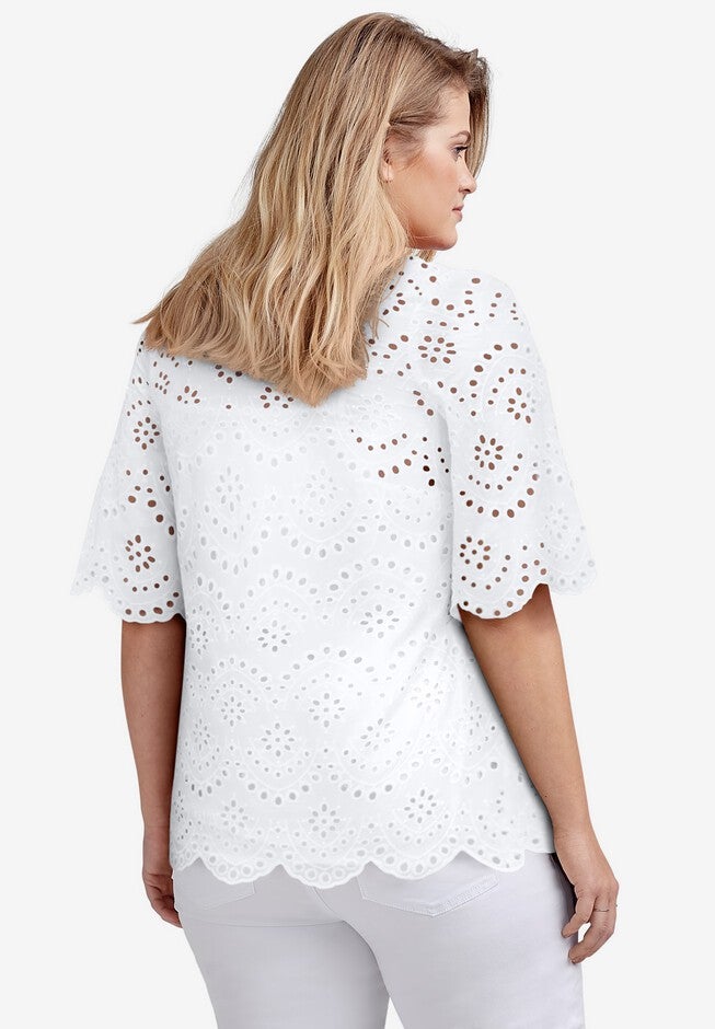 Scalloped Hem Eyelet Blouse, WHITE, on-hover image number null