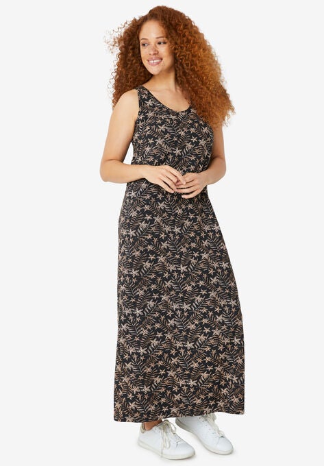 Sleeveless Knit Maxi Dress, BLACK TAN FERN PRINT, hi-res image number null