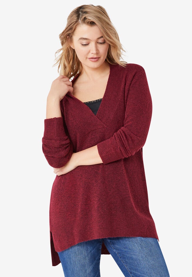 Hi-Lo V-Neck Pullover, DEEP BURGUNDY, hi-res image number null