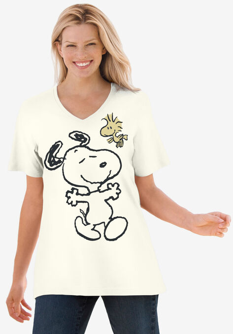 Peanuts Short Sleeve V-neck Tee Ivory Snoopy Woodstock, IVORY SNOOPY WOODSTOCK, hi-res image number null