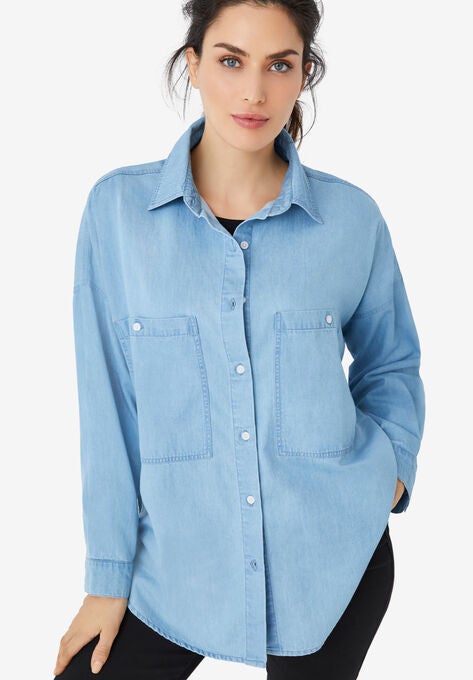 Oversized Button-Front Denim Shirt, LIGHT STONEWASH, hi-res image number null