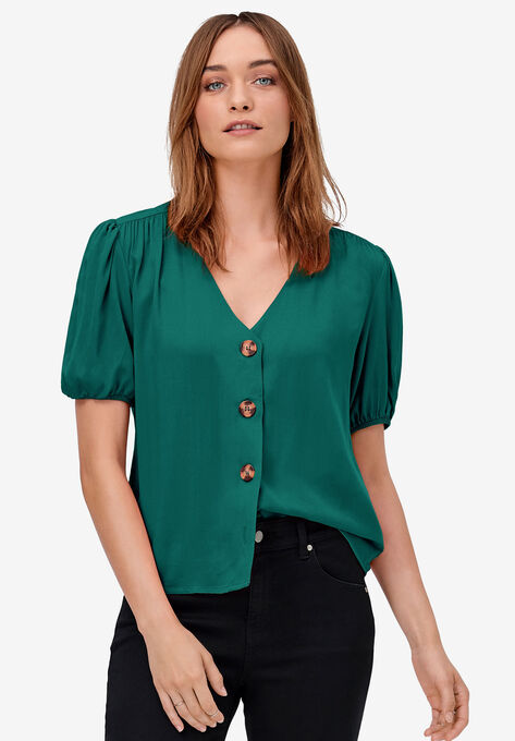Contrast Button-Front Blouse, RICH JADE, hi-res image number null