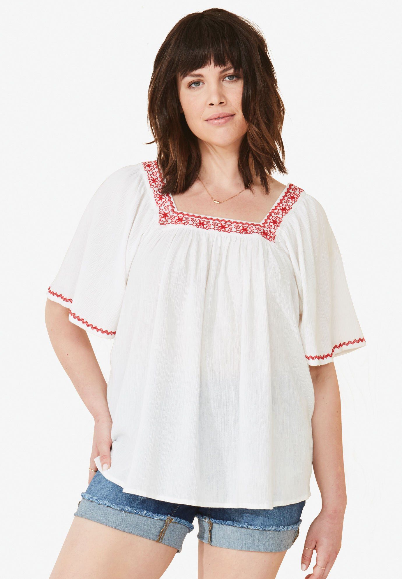 Embroidered Gauze Blouse, WHITE, hi-res image number 0