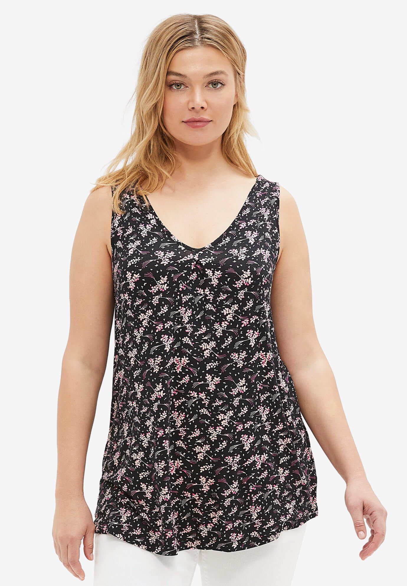 V-Neck Tank, BLACK PINK FROST FLORAL, hi-res image number 0