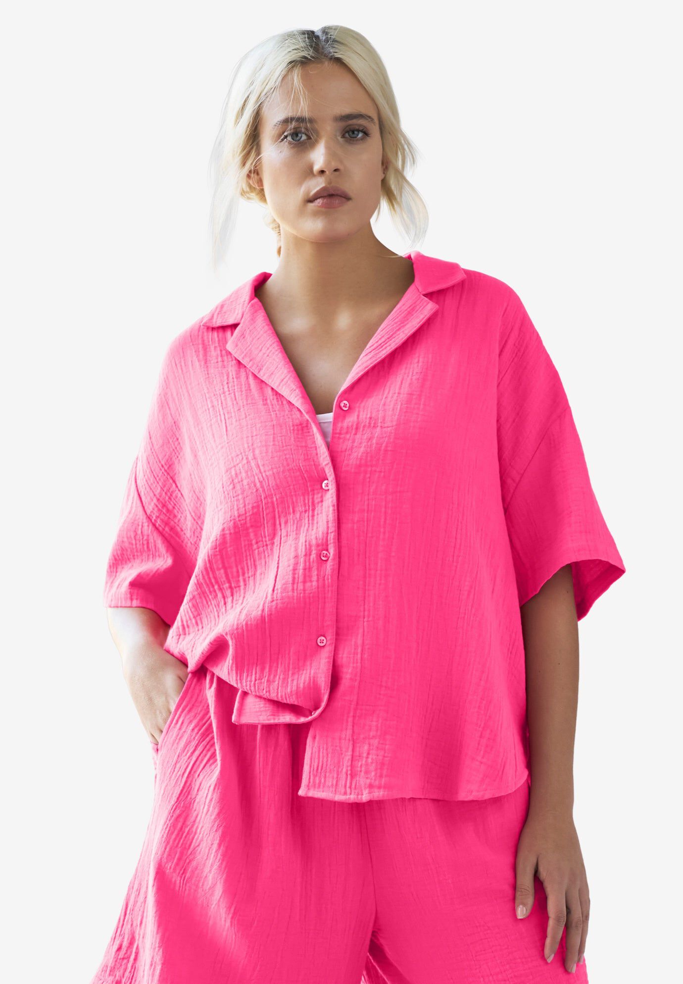 Button Front Gauze Camp Shirt, RASPBERRY SORBET, hi-res image number 0