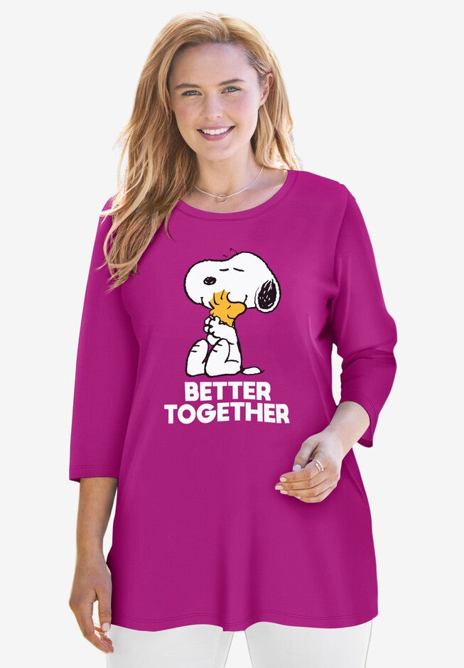 Peanuts Three-Quarter Sleeve Tunic, RASPBERRY SNOOPY WOODSTOCK, hi-res image number 0