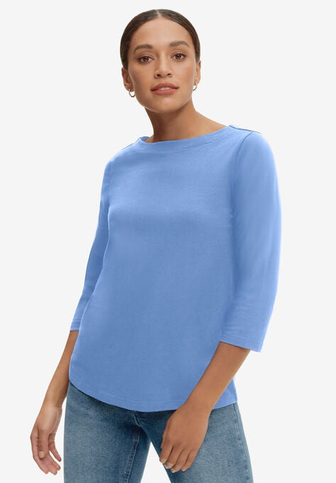 Boatneck Tee With Three-Quarter Sleeves, FRENCH BLUE, hi-res image number null